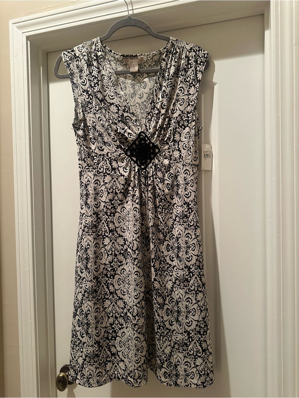Black & White Patterned Sleeveless Midi Dress with Embellished Waist